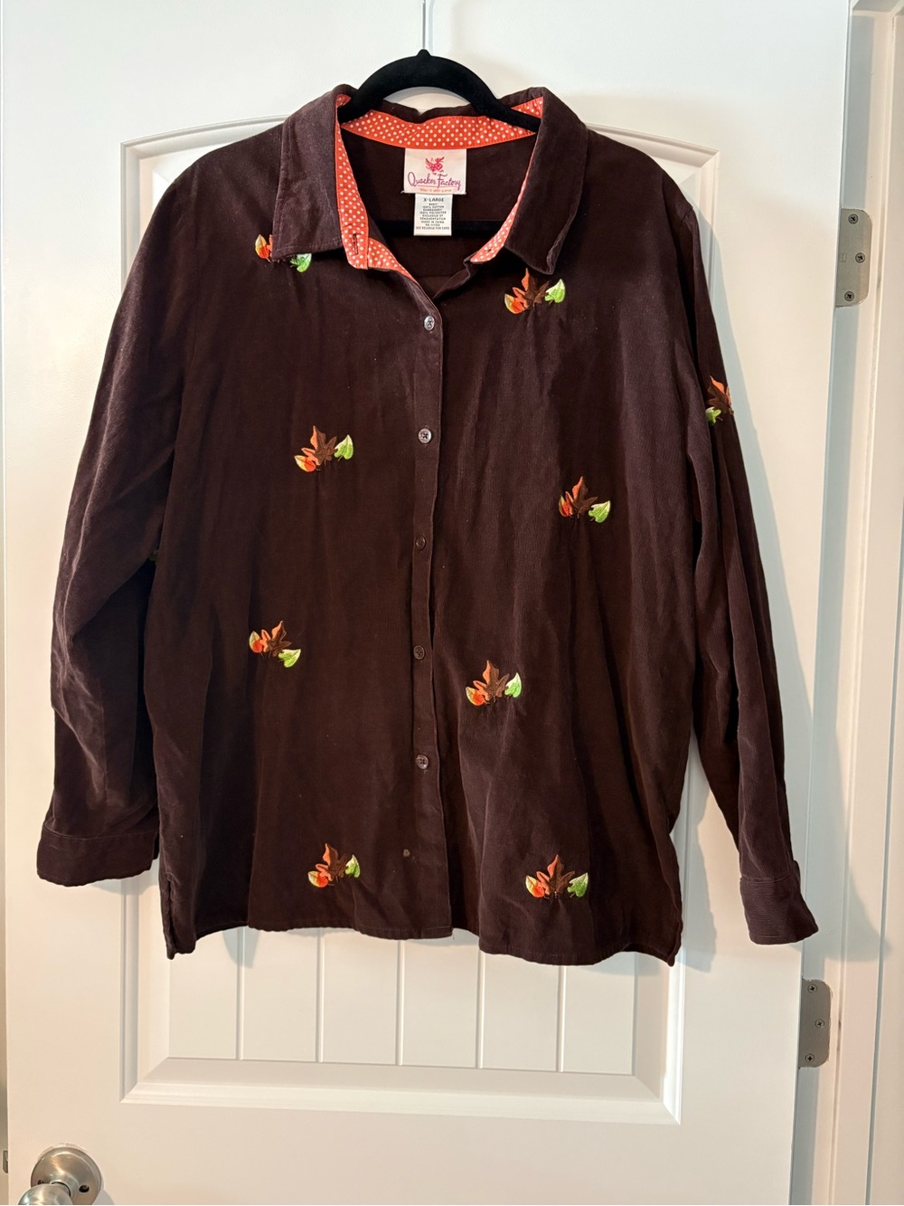 Quacker Factory Size LG Brown Orange Fall Leaf Cotton Corduroy Button Tunic Top